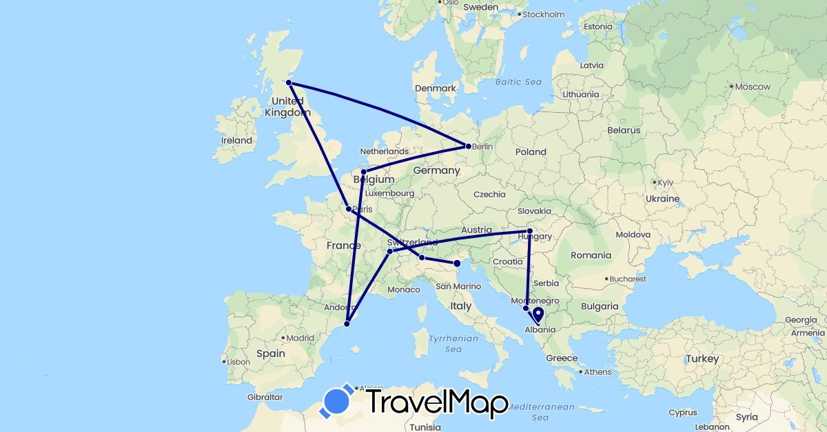 TravelMap itinerary: driving in Albania, Belgium, Switzerland, Germany, Spain, France, United Kingdom, Hungary, Italy, Montenegro (Europe)
