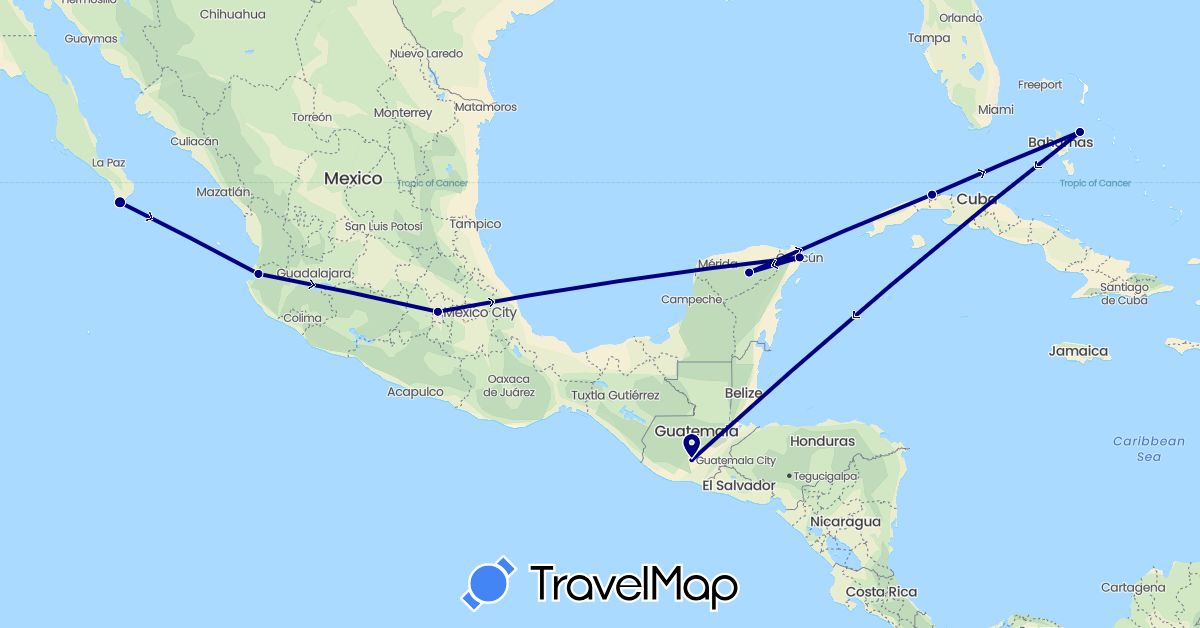 TravelMap itinerary: driving in Bahamas, Cuba, Guatemala, Mexico (North America)